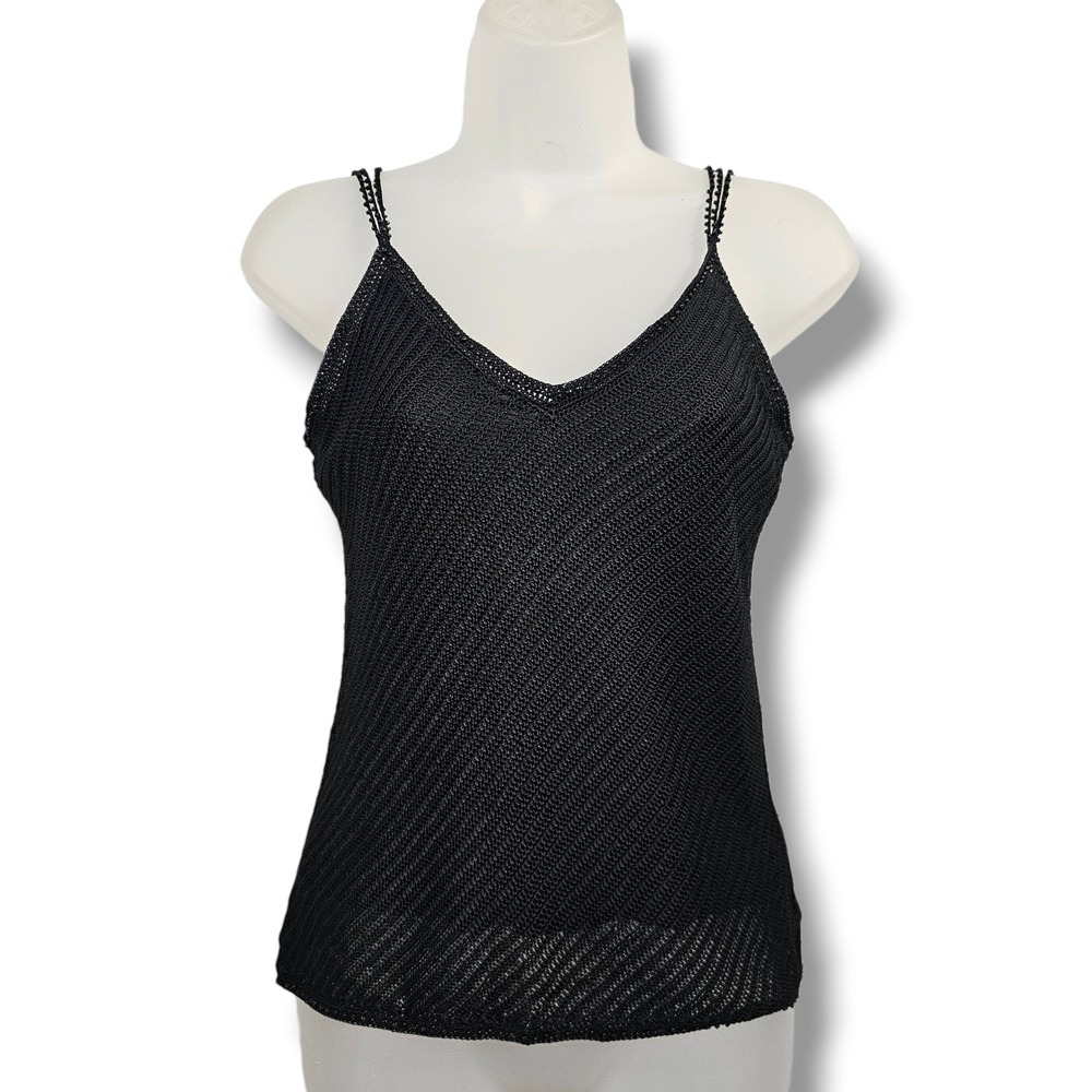 Vintage Y2K INC Tank Top S Petite Womens Black Crochet Knit Beaded Straps NEW